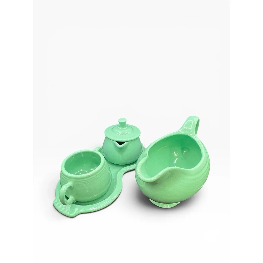 Vintage Fiesta Ware Green Creamer Sugar Bowl Tray Cup Set Fiestaware USA